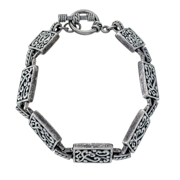 Vintage SE Sterling Silver Open Scrollwork Rectangle Panel Toggle Bracelet 7" - Picture 1 of 5